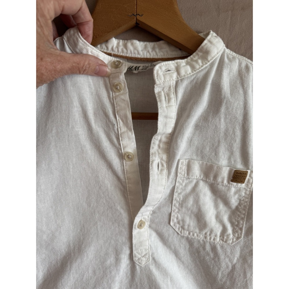 H&M Shirt Boys 6 White‎ Long Sleeve Linen Blend Henley Button Casual Pocket - Picture 4 of 9